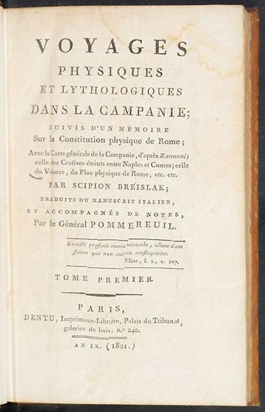 Title page, Voyages physiques et lythologiques dans la Campanie, by Scipione Beislak, vol 1, 1801 (The Linda Hall)