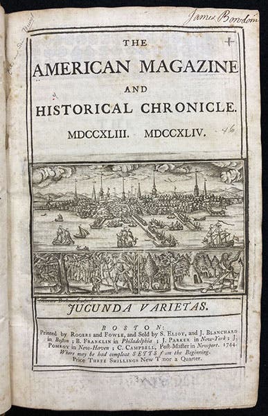 Title page of the first volume of The American Magazine and Historical Chronicle, 1743-44, with signature of James Bowdoin (Linda Hall Library)