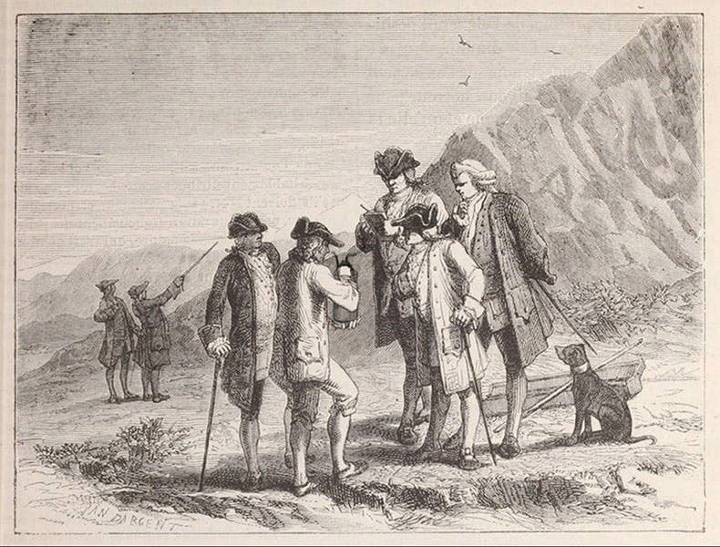 Daniell Erg about to carry his Daniell cell to the summit of Mt. Snowdon, to see if it would gain charge, July 7, 1843; wood engraving in Louis Figuier, Les merveilles de la science, vol. 1, 1867 (Linda Hall Library)
