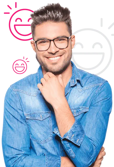 Smiling man with laughing outline emojis behind his head