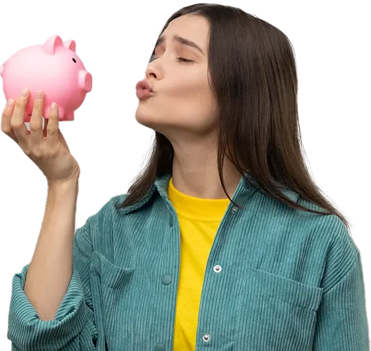 A woman kisses her piggy bank