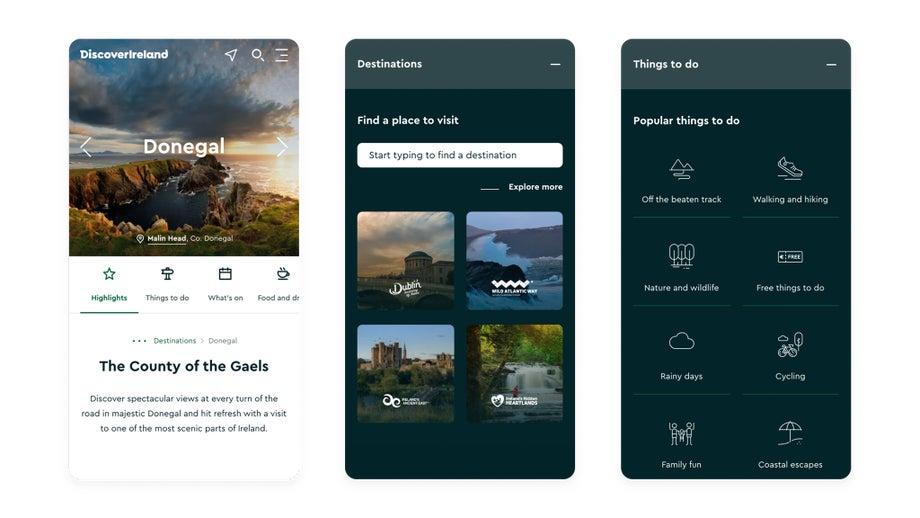 Three screenshots from the Discover Ireland mobile website