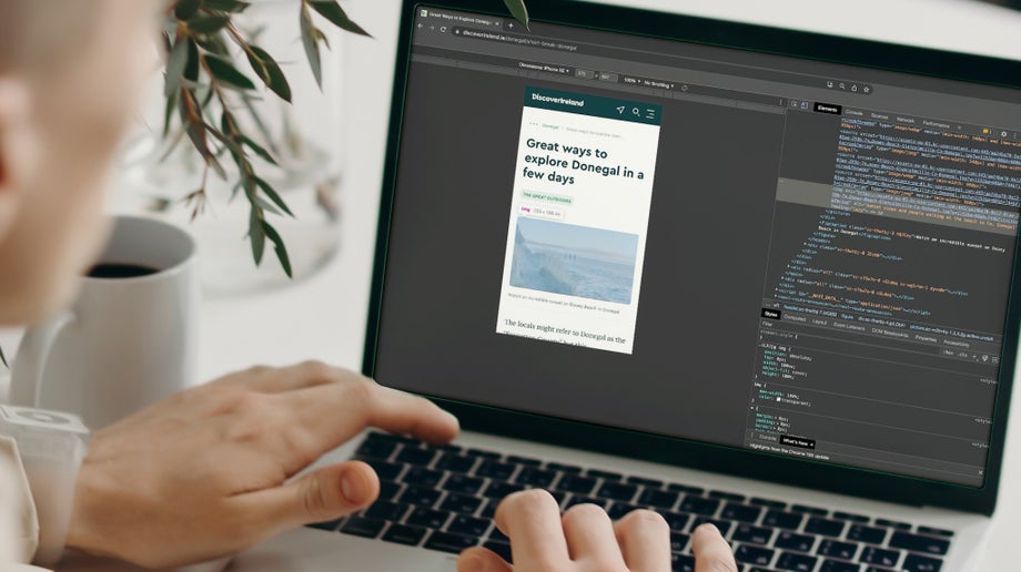 A developer is inspecting the image code on the Discover Ireland website and checking if the alternative text is descriptive enough