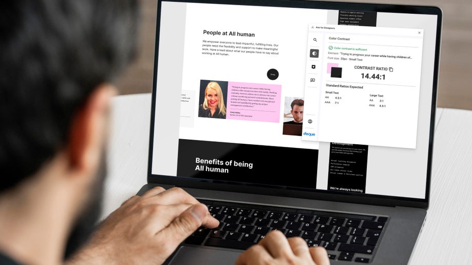 A designer is working on the All human website and scanning their design using the Axe accessibility plugin.