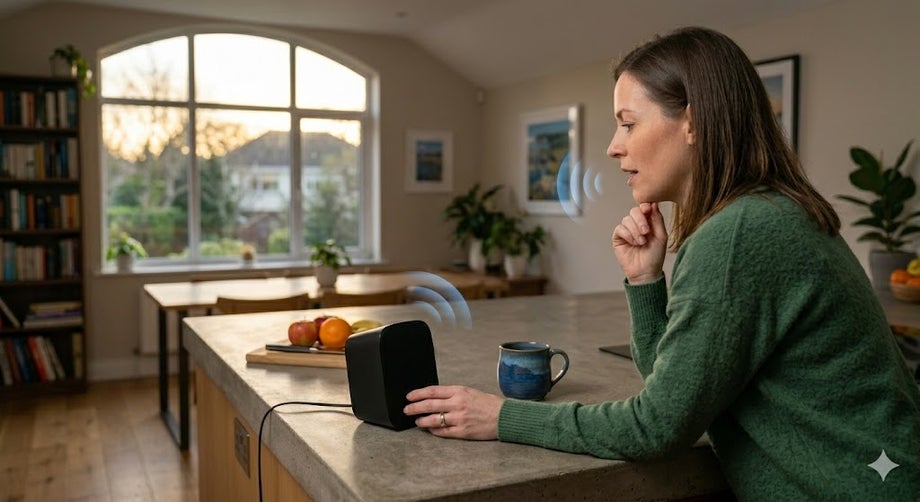 Woman at a kitchen counter engaging with a voice assistant.