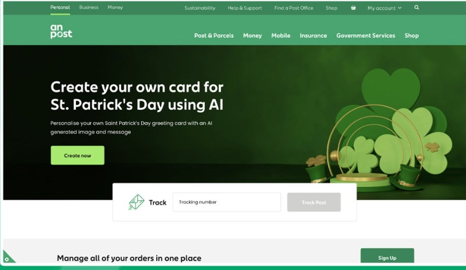 Screenshot from An Post's website showing their St. Patrick's Day AI Card Generator